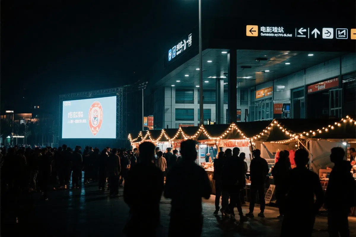 费城球迷广场夜景：大屏观赛人群、步行指示牌与公共交通入口